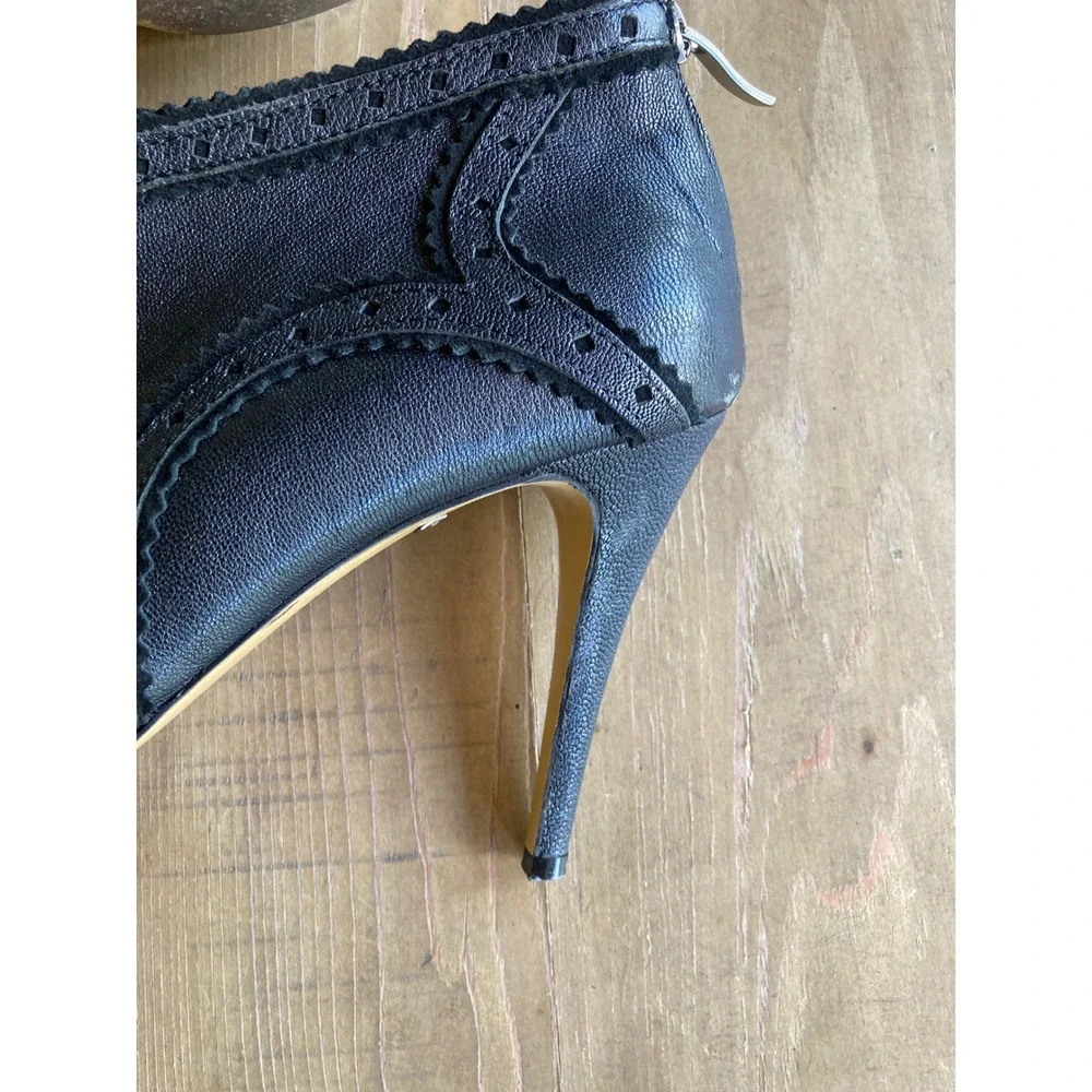 Suecomma Bonnie Black Leather Brogue Platform Peep Toe Tassel Heels 39.5